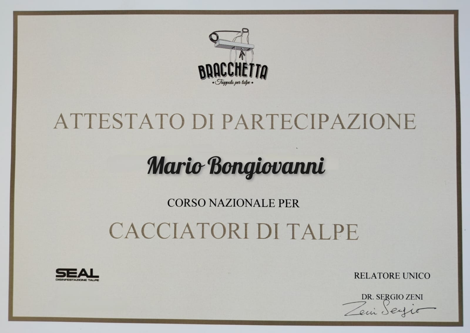 Attestato di partecipazione al Corso Nazionale per Cacciatori di Talpe